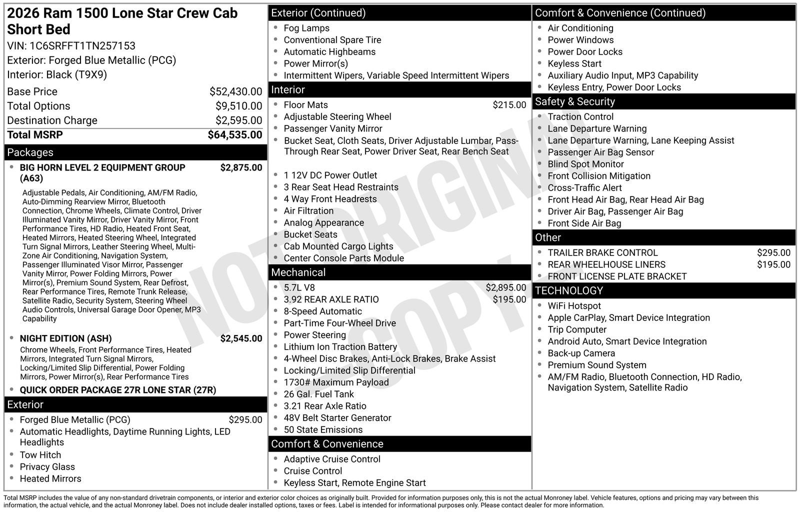 2026 RAM Ram 1500 RAM 1500 LONE STAR CREW CAB 4X4 5'7' BOX