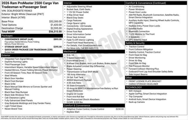 2026 RAM Ram ProMaster RAM PROMASTER 2500 TRADESMAN CARGO VAN HIGH ROOF 159' WB